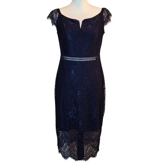 ALLANDWELL Women's Floral Lace Short Sleeves Knee Length Bodycon Cocktail Dress - Picture 2 of 13